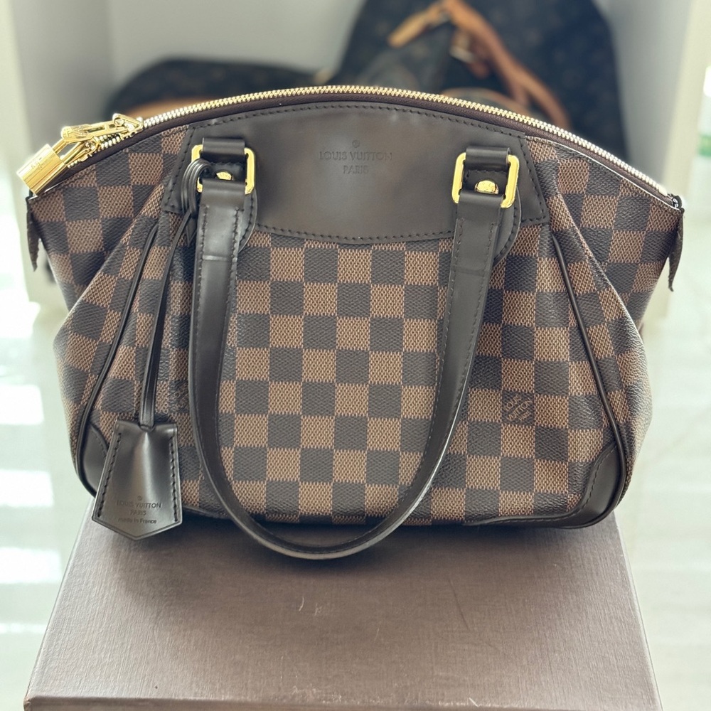 Louis Vuitton Brown Damier Ebene Shoulder Bag with Gold Hardware